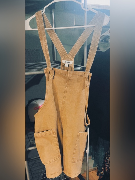 Pants - Tan Utility Short Overalls Jumpsuit